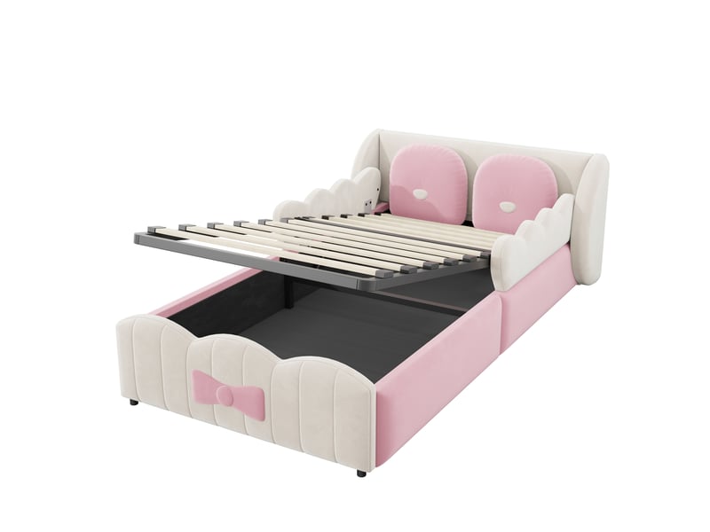  Lit enfant rembourré 90x200cm en velours, lit coffre avec hydraulique, 2 grands coussinets, design ailes, beige  - Conforama E