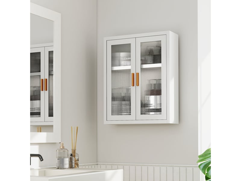  Armoire murale de salle de bain, meuble haut salle de bains avec 2 portes cannelées, étagère réglable, 40x14x50cm, blanc  - Conforama B