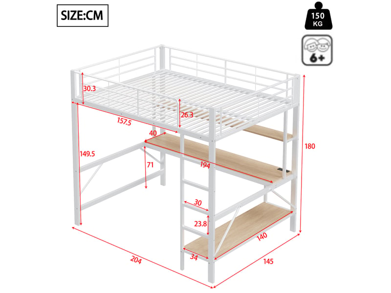 Lit mezzanine enfant 140 x 200 cm blanc en métal et mdf avec bureau, étagères, led, usb et prise - Conforama E