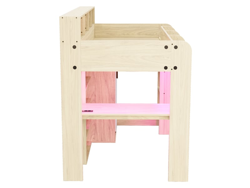  Lit mezzanine multifonction bois naturel 90x200 cm, bureau, armoire, rangements, led et prise  - Conforama E