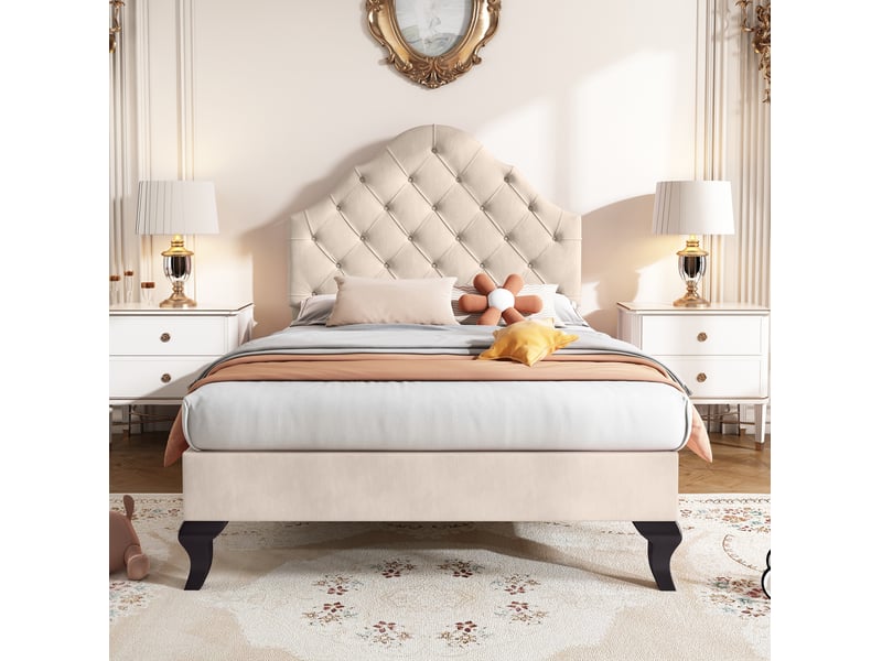 Lit simple 90x200 cm en velours beige avec sommier à lattes et tête réglable - Conforama E