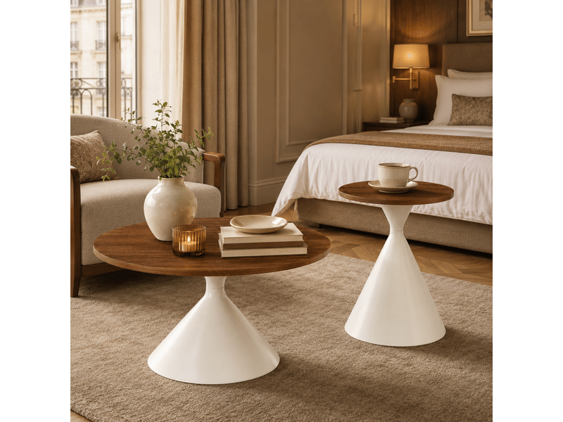  Lot de 2 tables basses rondes, plateau effet noyer chaleureux, pied en acier carbone blanc crème, ø7050 cm, design conique.  - Conforama E