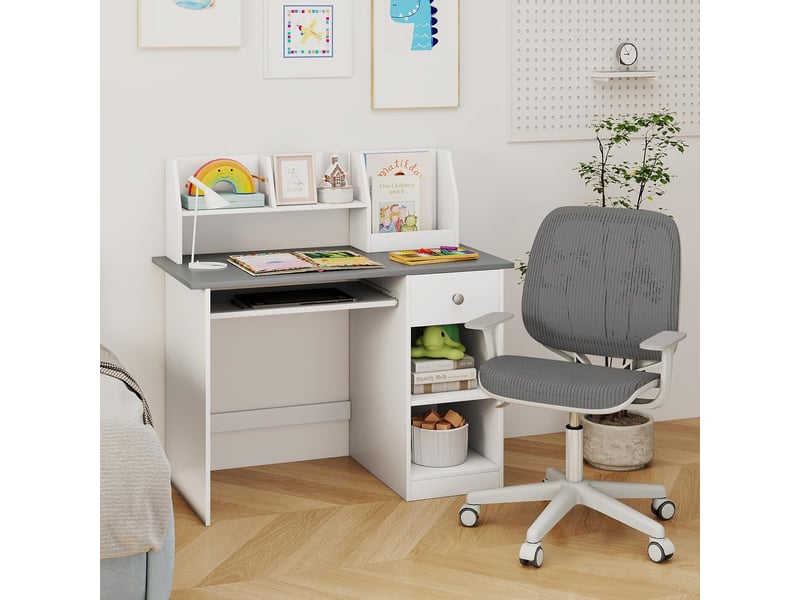 3 en 1 bureau enfant avec rangement, avec 1 tiroir 2 étagères, table enfant en bois avec plateau à clavier, 90x45x90cm (gris)  - Conforama B