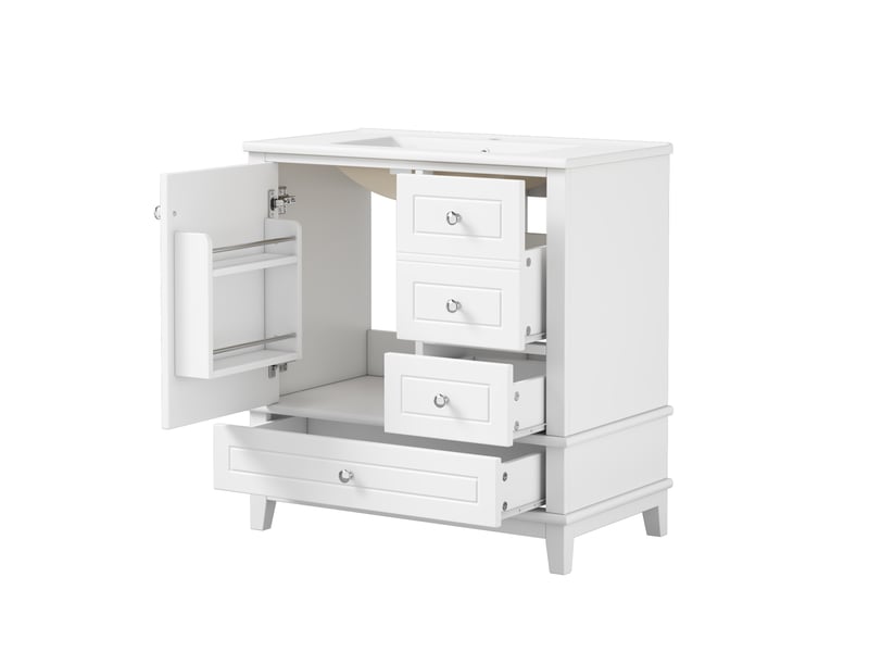  Meuble sous vasque sur pied 81x47 cm – blanc – 3 tiroirs, porte amortie et vasque en céramique incluse  - Conforama D