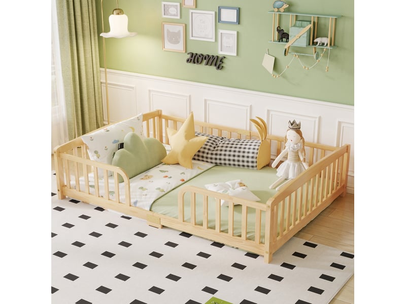 Lit au sol enfant 140 x 200 cm avec barrières, accès central, pin naturel - Conforama E