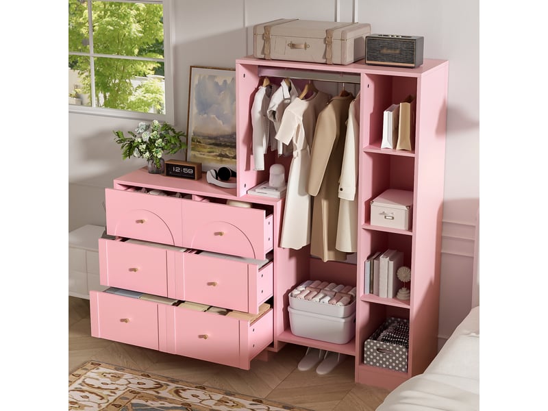  Armoire penderie rose 6 tiroirs, dressing ouvert métal et bois, vestiaire chambre enfant 139x35x133 cm  - Conforama W