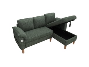 Canapé d'angle réversible 3 places, tissu chenille vert avec méridienne coffre de rangement, ports usb et poches, pour salon et petit espace