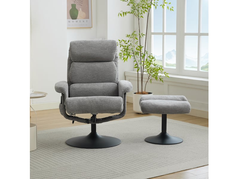 Fauteuil relax pivotant en chenille grise avec massage, chauffage et repose-pieds - Conforama D