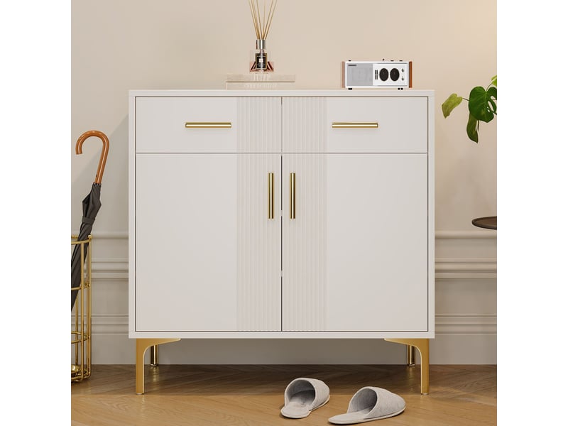 Buffet moderne de 80 cm avec deux portes et deux tiroirs, poignées et pieds en métal,blanc  - Conforama B
