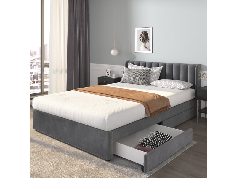 Lit rembourré 160 x 200 cm, sommier à lattes, dossier rembourré, 2 tiroirs de rangement, velours, gris Bliss Lite - Conforama B