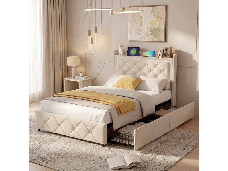  Lit simple 90x200 cm avec éclairage led et usb, lit enfant avec 2 tiroirs, tete de lit rembourré avec espace de rangement, sommier à lattes, beige  - Conforama R