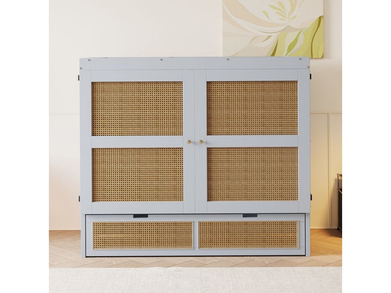 Lit coffre 140x200, gain d'espace lit double, rangement intégré, structure bois massif, design rotin  - Conforama D