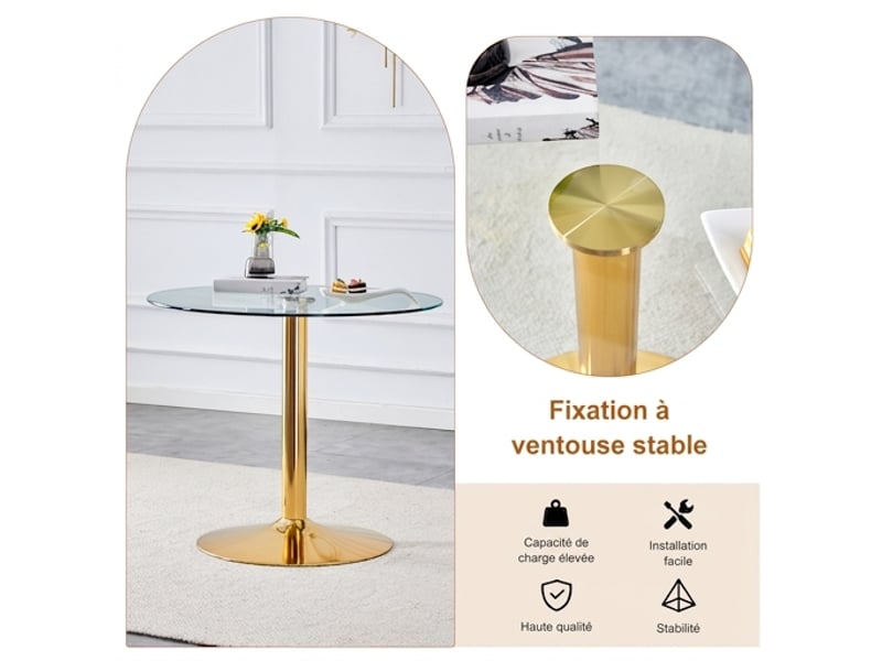  Ensemble table ronde ø85 cm et 4 chaises, verre et pu noir, style moderne noir et or  - Conforama E