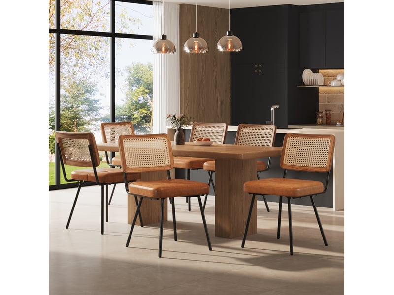 Lot de 6 chaises, marron, pu + métal, dossier rotin pe, pieds fer réglables, design élégant - Conforama B