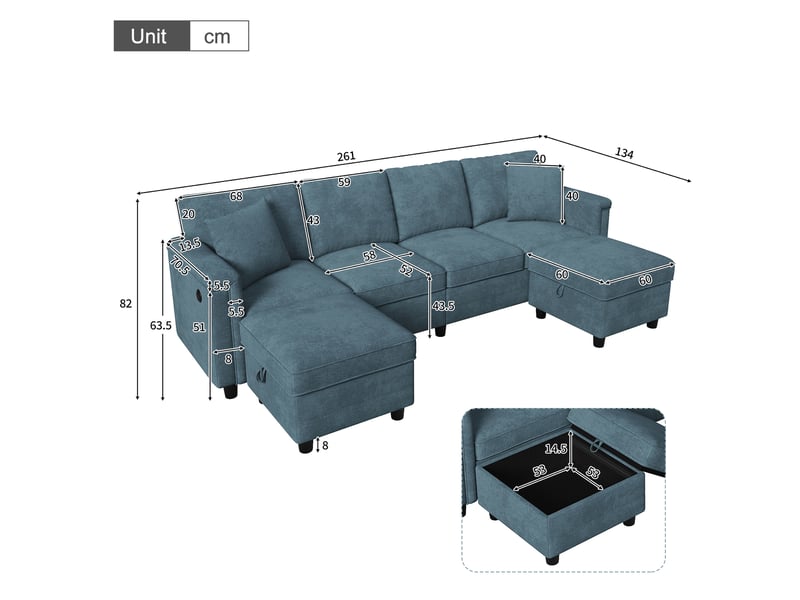  Canapé modulable en u 4 places bleu avec rangement  - Conforama E