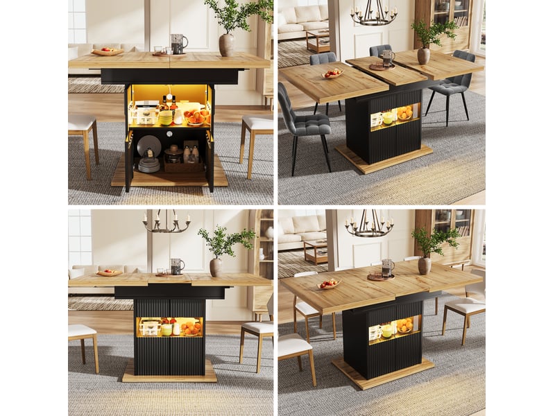  Table à manger extensible 110-140x80 cm noire effet bois avec rangement led  - Conforama E