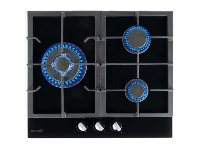 Beldeko plaque de cuisson gaz 3 feux 60 cm verre noir - grilles fonte - marque française - Conforama A