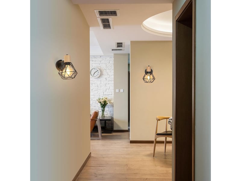  Applique murale de style rétro-industriel - orientable à 360°, en bois - abat-jour cage en métal - finition fer noir - idéale pour les chambres, les couloirs et les salons (ampoule non incluse)  - Conforama E