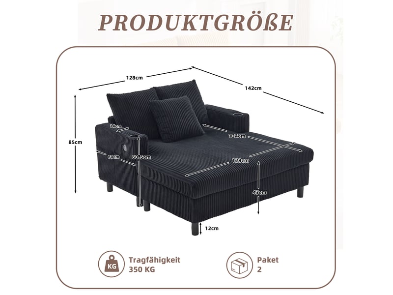  Canapé 142x128x85cm avec porte-boissons latéraux, ports usb, éclairage led, design moderne, velours côtelé noir  - Conforama C