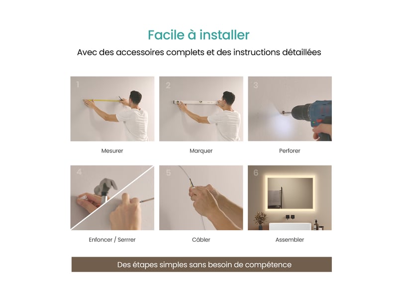  Emke miroir de salle de bain led 50 x 70 cm, miroir led rectangulaire, éclairage 3000 k  - Conforama E