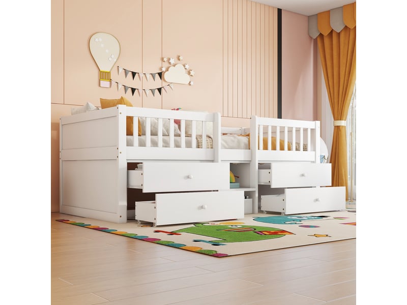  Lit mi-hauteur 90x200 cm - lit enfant avec demi-hauteur, échelle et 4 tiroirs - barrière anti-chute incluse - bois de pin et mdf - blanc - sans matelas  - Conforama D