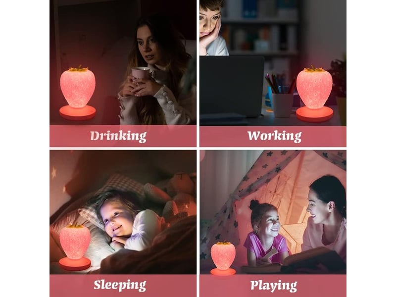  Lampe de table fraise led – veilleuse kawaii avec 3 modes tactiles, lampe de chevet pour chambre, idée cadeau saint-valentin  - Conforama E