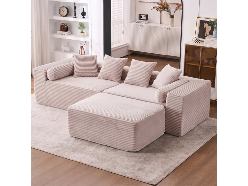 Canapé modulable d’angle compressé 217x110x60 cm 3 places en mousse et velours côtelé couleur beige, moderne - Conforama E