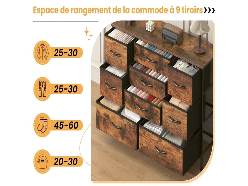 Chiffonnier neuf tiroirs tissu meuble de rangement 76 cm marron vintage industriel - Conforama D