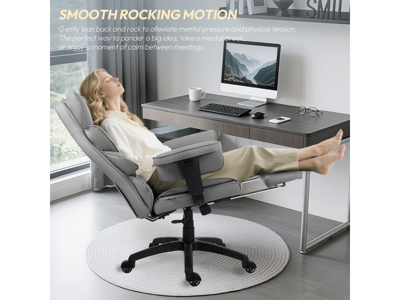  Fauteuil gaming ergonomique avec ressorts ensachés, coussin lombaire réglable, accoudoirs et repose-pieds – similicuir gris  - Conforama B