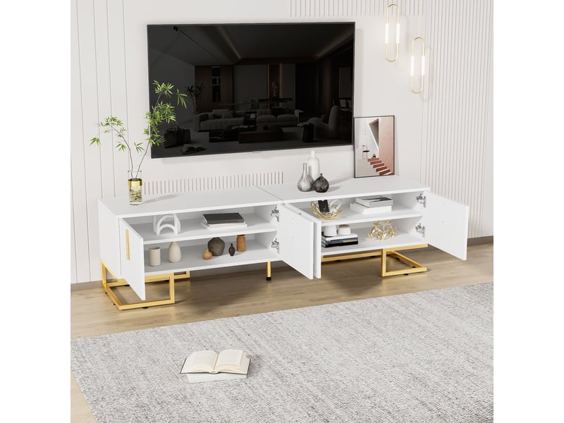  Meuble tv 4 portes avec étagères intégrées et pieds réglables, salon, en panneau de particules, 170×40×45,5 cm blanc  - Conforama E