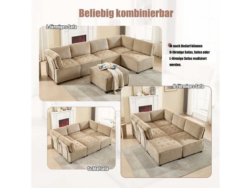 Canapé modulable 6 places en velours côtelé kaki 308 x 154 x 81,99 cm avec poches de rangement, salon séjour 308x154x81.99cm - Conforama W