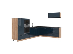 Vicco cuisine en angle, bleu foncé brillantchêne de force doré, 327 x cm, pt anthracite