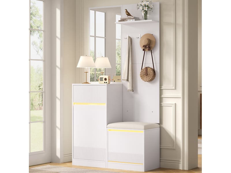 Meuble d'entrée avec miroir, banc, rangement chaussures, crochets et éclairage led en mdf blanc 105 × 38 × 190 cm - Conforama B