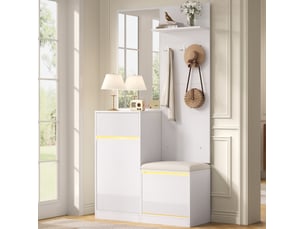 Meuble d'entrée avec miroir, banc, rangement chaussures, crochets et éclairage led en mdf blanc 105 × 38 × 190 cm
