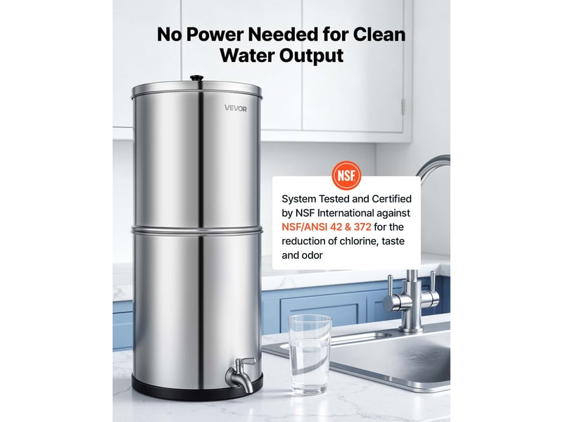  Vevor filtration eau gravite 11,36l, inox camping, plomb 99% chlore, 2 cartouches ceramique charbon  - Conforama B