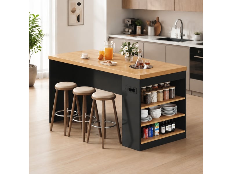  Îlot de cuisine 155x80x90 cm avec led, prises et 3 étagères ouvertes, noir et naturel  - Conforama D