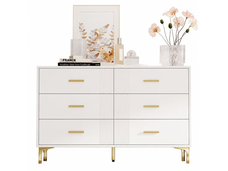 Commode blanche 6 tiroirs pour chambre et salon, façades rainurées, poignées et pieds dorés, 120 x 40 x 76 cm - Conforama A