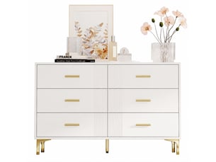 Commode blanche 6 tiroirs pour chambre et salon, façades rainurées, poignées et pieds dorés, 120 x 40 x 76 cm