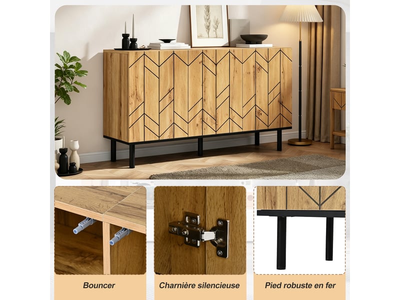  Buffet moderne bois naturel meuble de rangement 3 portes 120 cm motif vague  - Conforama E