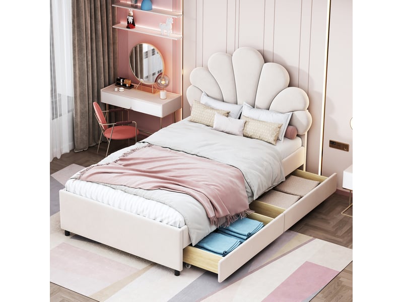  Lit enfant 90x200cm, tête de lit et sommier, lit simple avec 2 tiroirs de rangement, velours beige, sans matelas  - Conforama B