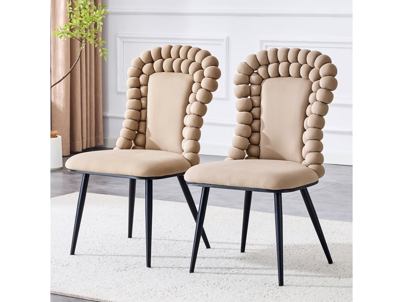  Lot de 2 chaises de salle à manger velours camel 47x51x95 cm structure métal noir dossier chaîne boule coussin épais piètement réglable evarich - Conforama D