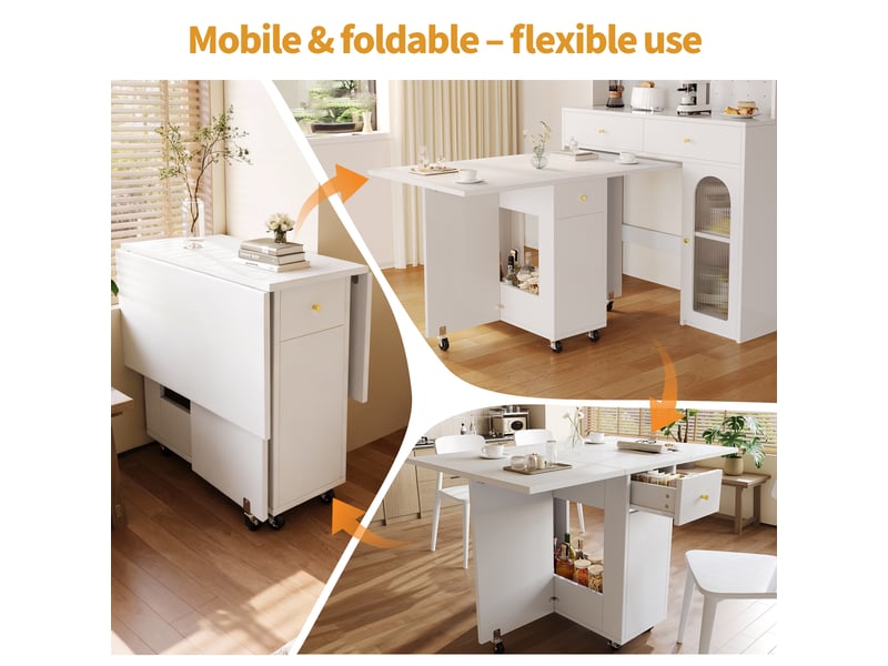  Table à manger 120x75x75 cm,table pliante rangement ouvert, 2 tiroirs, roulettes avec frein, pour 2-4 personnes, salon et salle à manger, blanc CozyNest - Conforama D