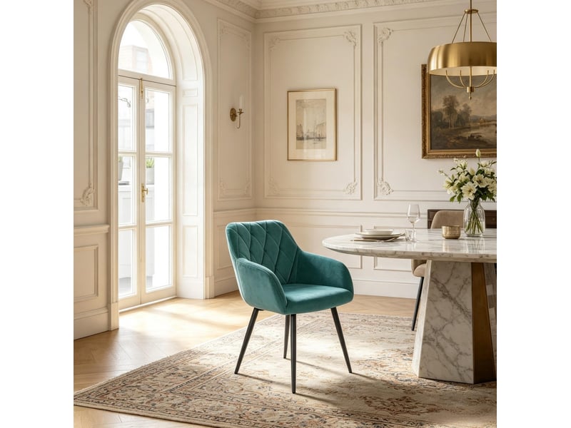  Chaise de salle à manger avec accoudoirs en velours bleu sarcelle, dossier haut et pieds en métal, design moderne  - Conforama E