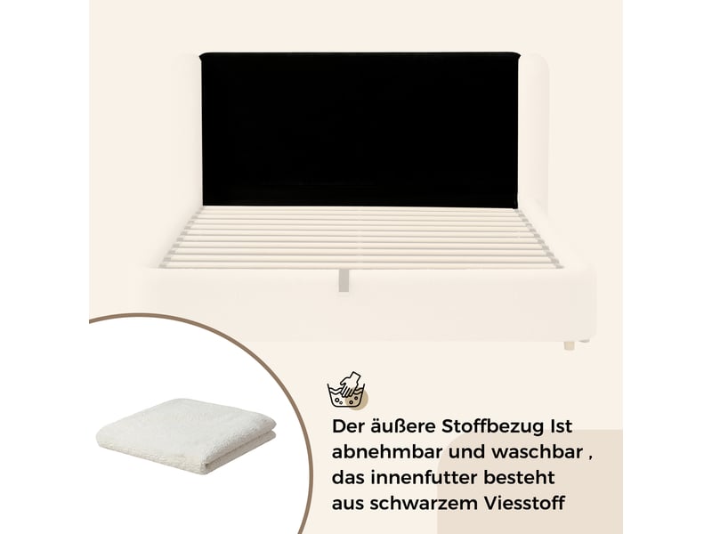  Lit 2 places rembourré 140x200cm avec sommier inclus, lit coffre avec hydraulique, tête de lit rembourrée, beige bouclé  - Conforama E