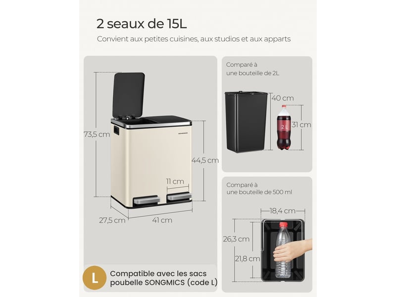  Poubelle à double compartiment 41 x 31,5 x 47 cm hermétique avec seaux intérieurs pratique style moderne en acier gris anthracite 12_0009352  - Conforama B