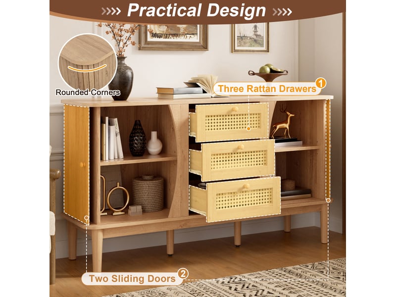  Buffet 141 x 40 x 77 cm naturel en mdf, 3 tiroirs en rotin et portes coulissantes avec étagères réglables  - Conforama E