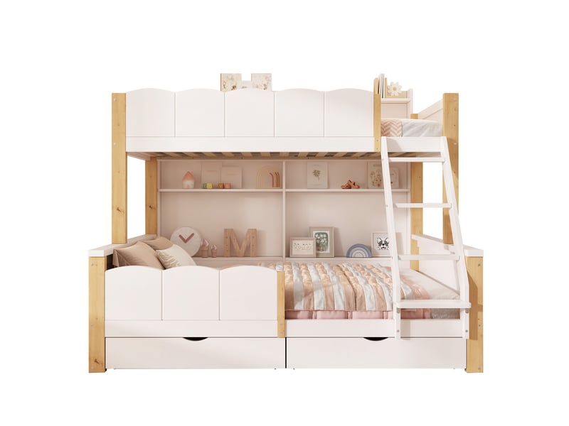 Lit superposé 90x200+140x200 cm avec rangements coloris blanc et chêne - Conforama A