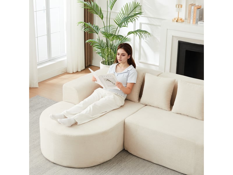  Canapé d’angle modulable 220 cm en velours côtelé – lignes arrondies et 3 coussins inclus, beige  - Conforama E