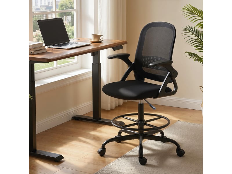  Chaise de bureau en maille chaise d'ordinateur avec accoudoirs rabattables hauteur réglable repose-pieds noir  - Conforama B