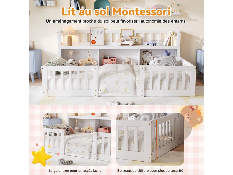 Lit enfant 90x200 avec sommier et bibliotheque, lit au sol avec barrière de sécurité, lit montessori en pin massif, 1 place, blanc - Conforama W
